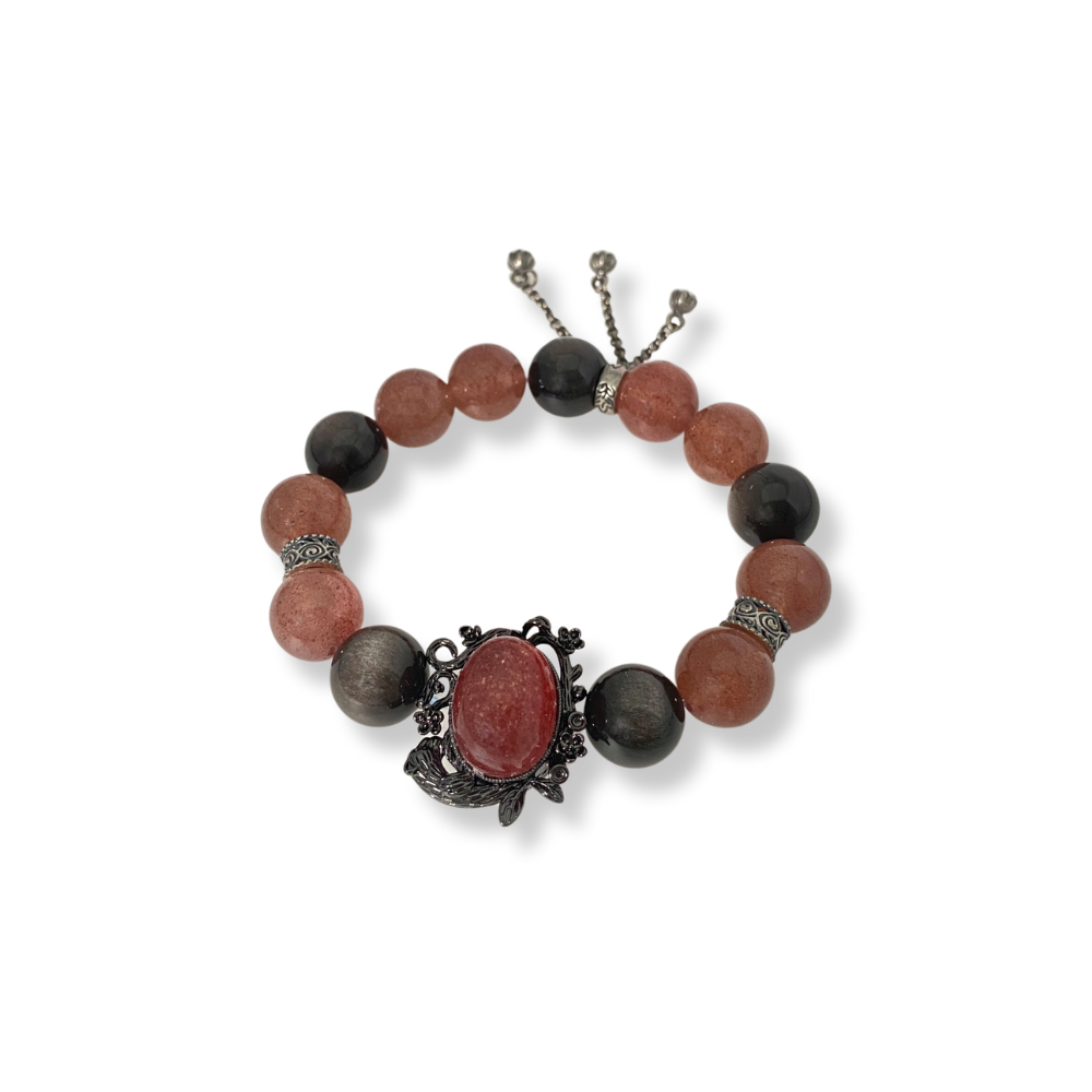 Natural Strawberry crystal & Silver Obsidian Energy Bracelet