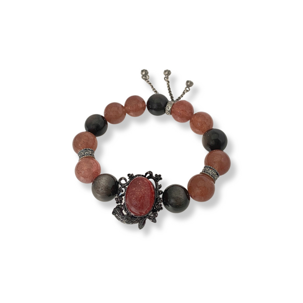 Natural Strawberry crystal & Silver Obsidian Energy Bracelet