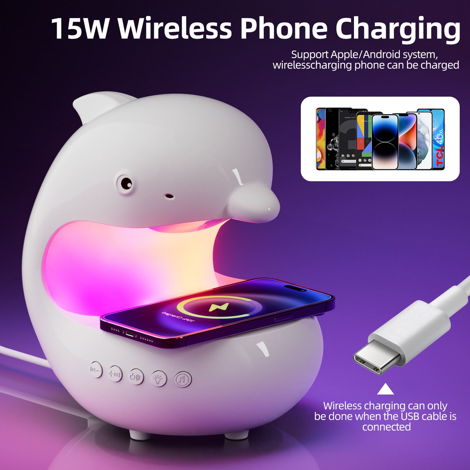 Whale LED Wireless Charger & Phone Stand — Desktop Night Light