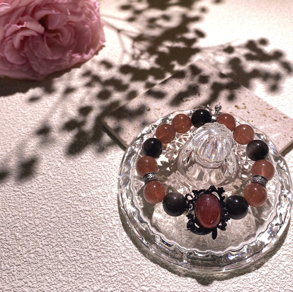 Natural Strawberry crystal & Silver Obsidian Energy Bracelet
