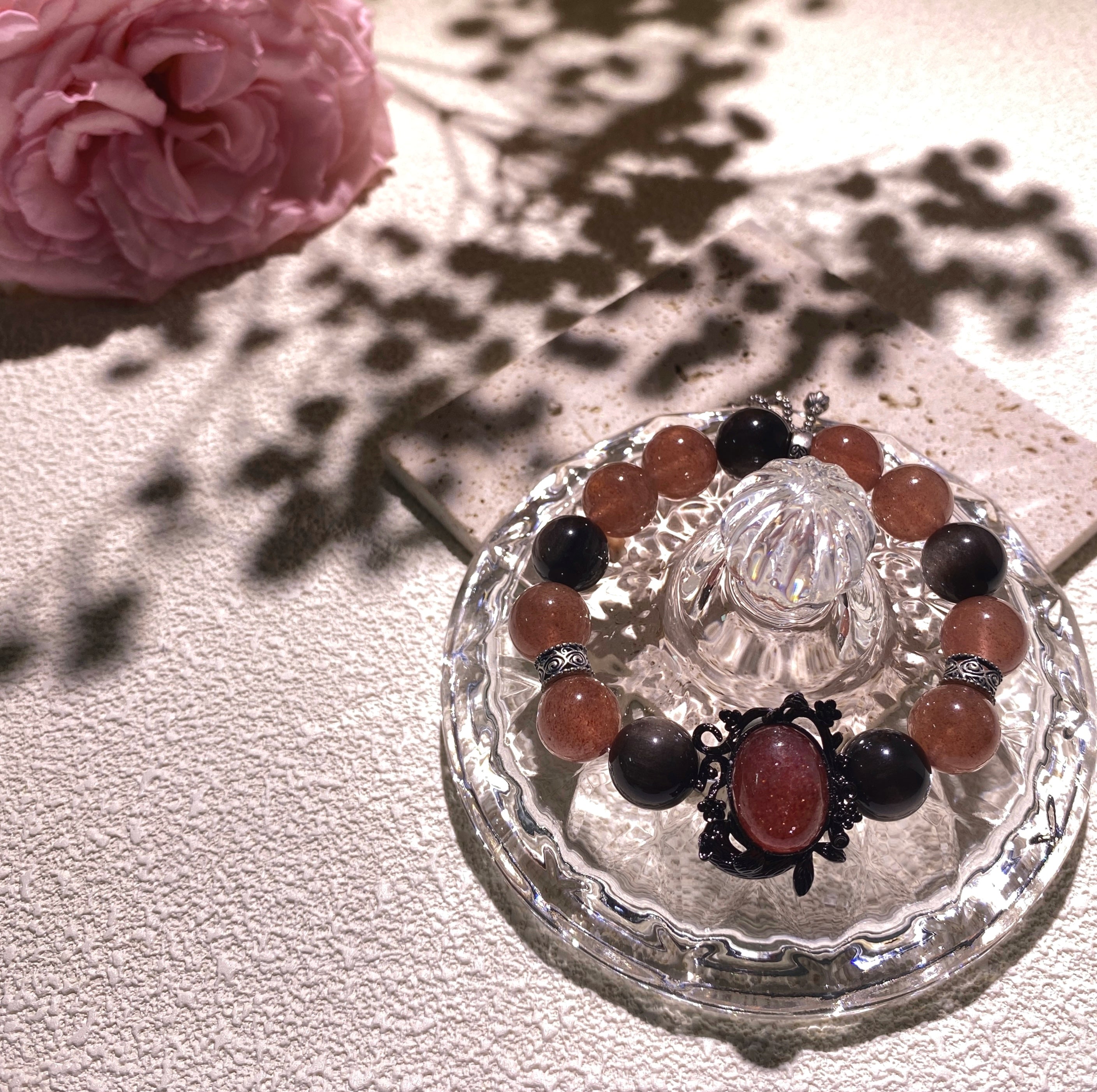 Natural Strawberry crystal & Silver Obsidian Energy Bracelet