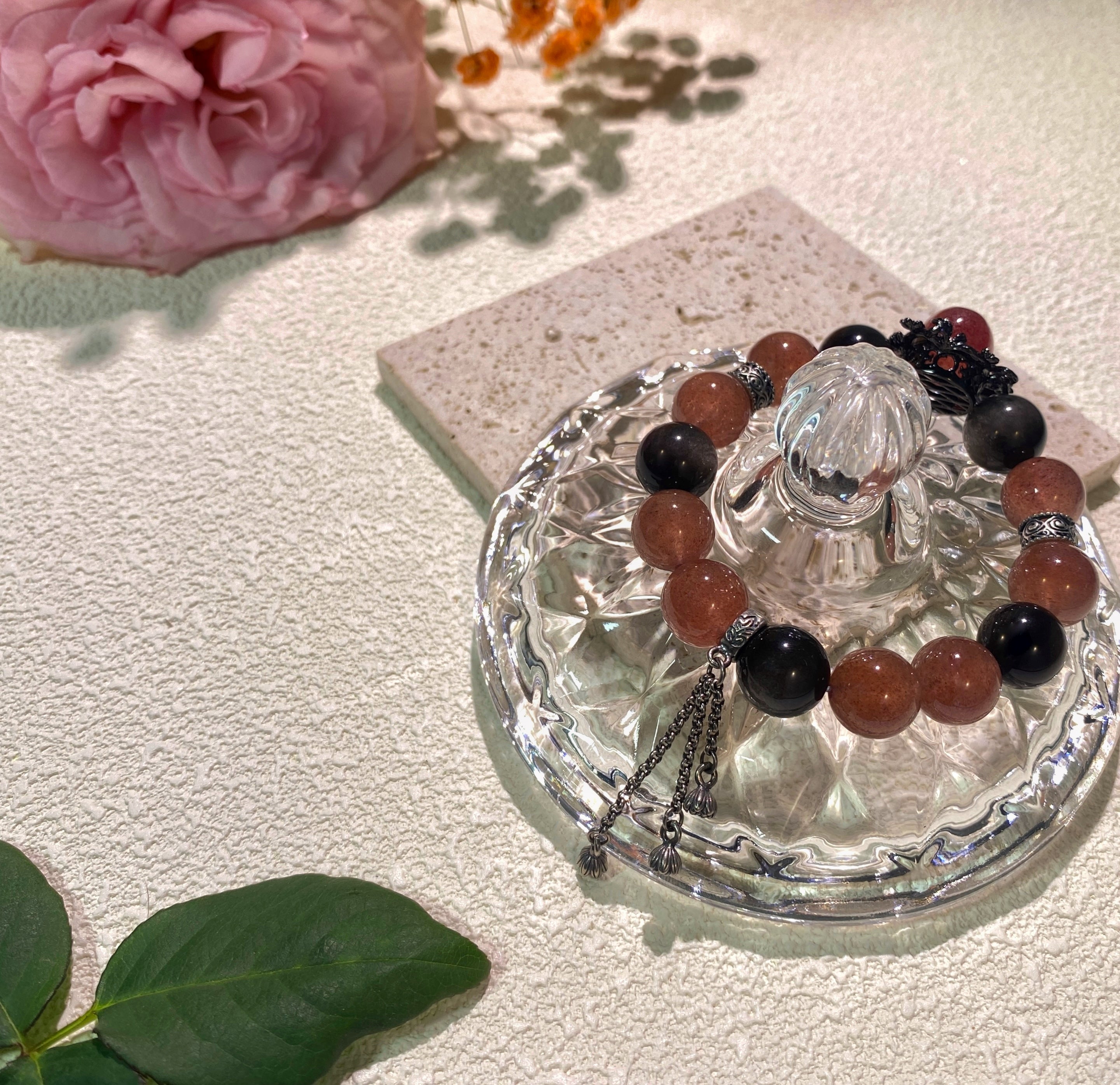 Natural Strawberry crystal & Silver Obsidian Energy Bracelet