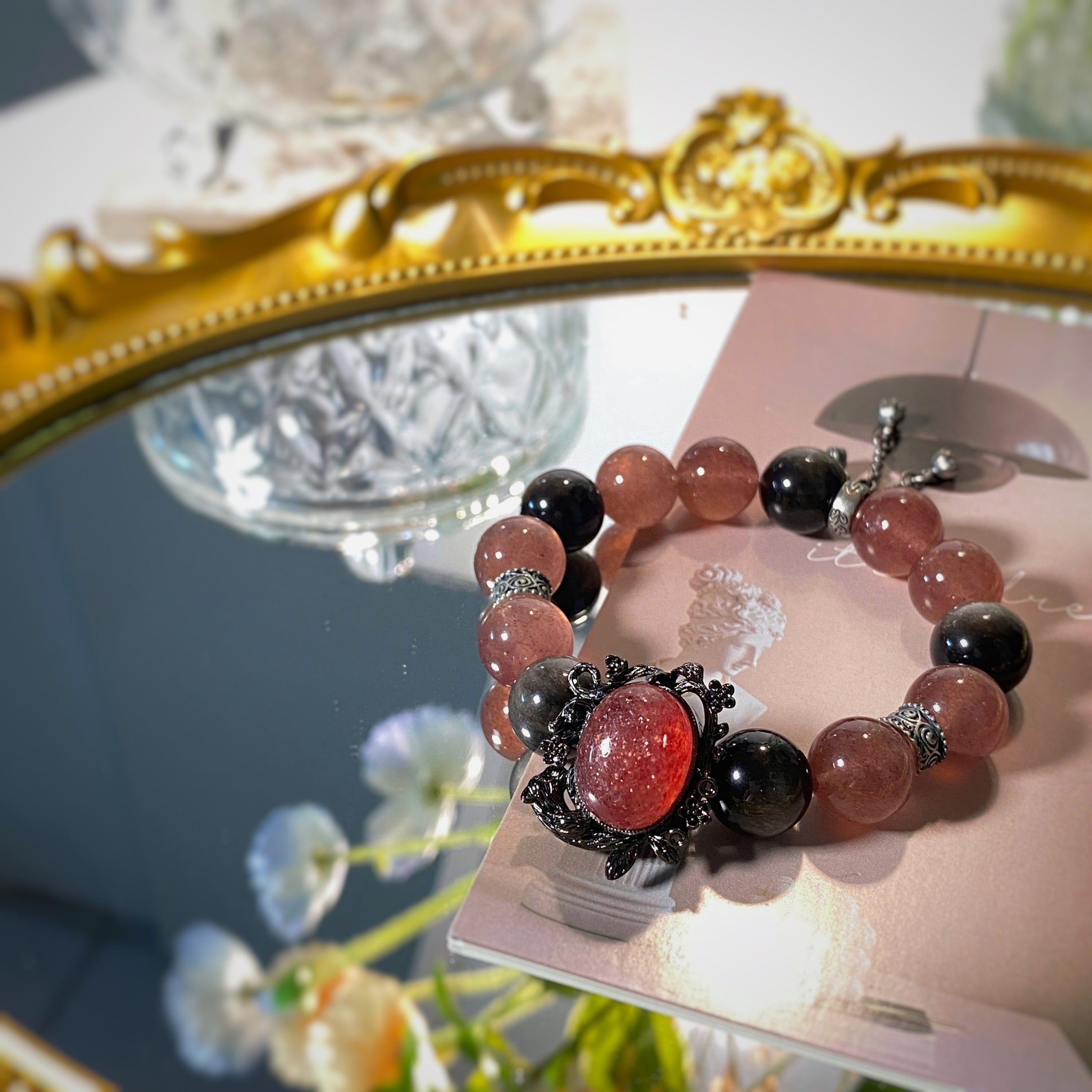Natural Strawberry crystal & Silver Obsidian Energy Bracelet