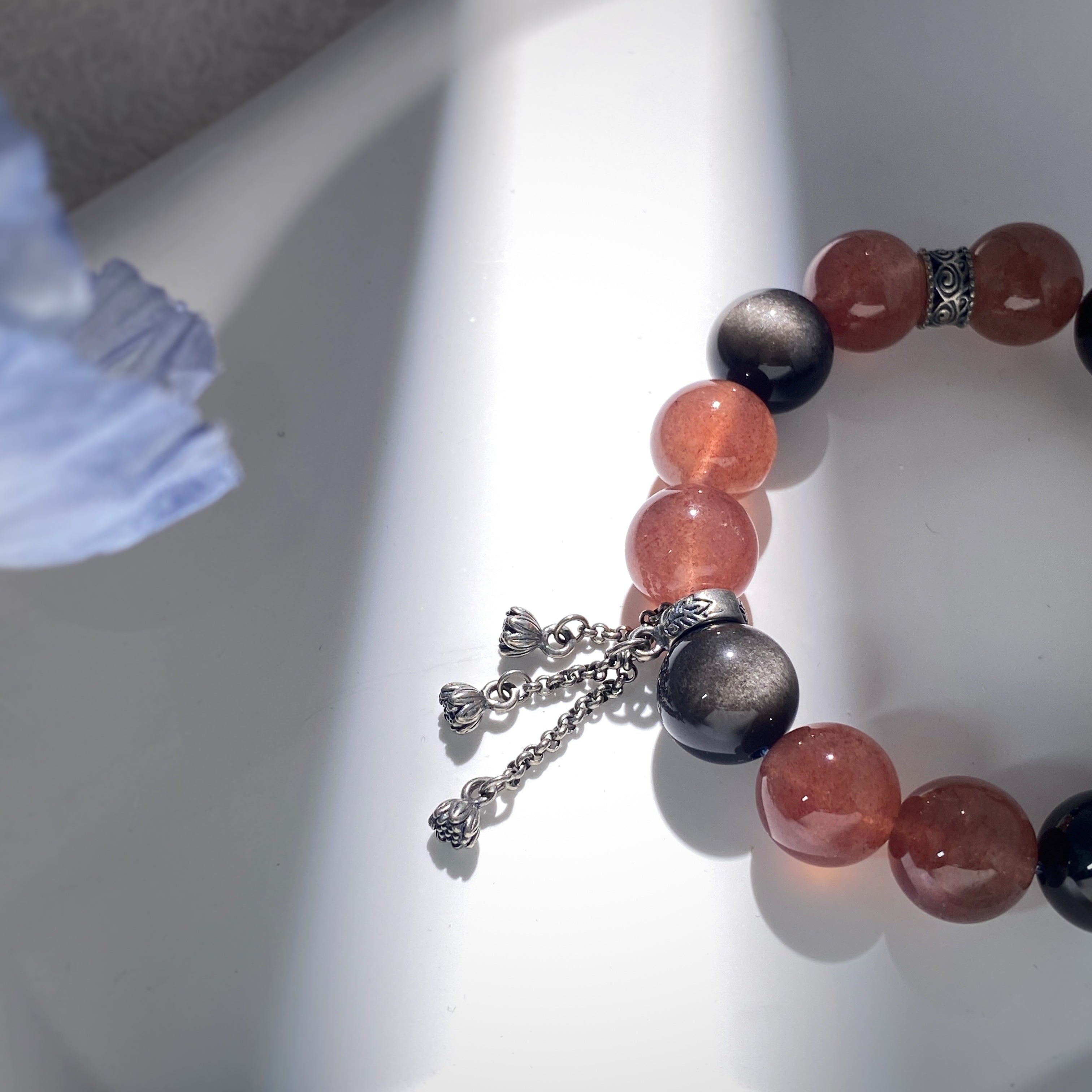 Natural Strawberry crystal & Silver Obsidian Energy Bracelet