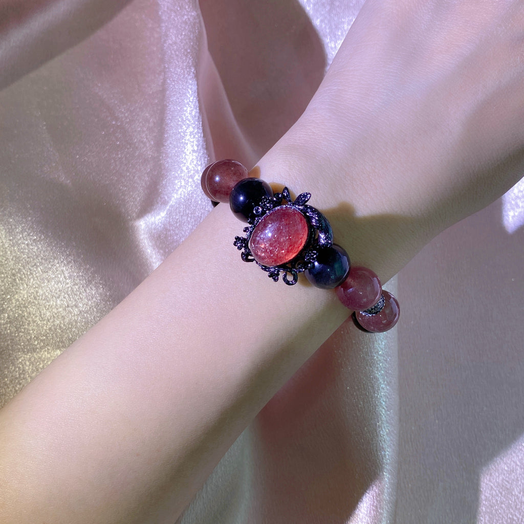 Natural Strawberry crystal & Silver Obsidian Energy Bracelet
