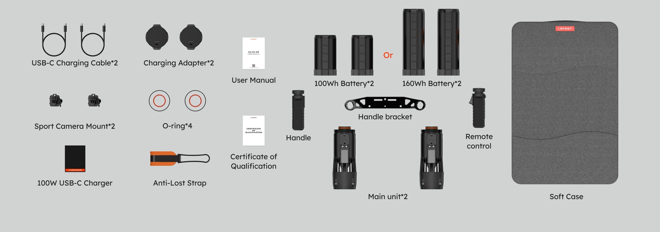 Contents included with the LEFEET P1 and P1 XR Dual Unit