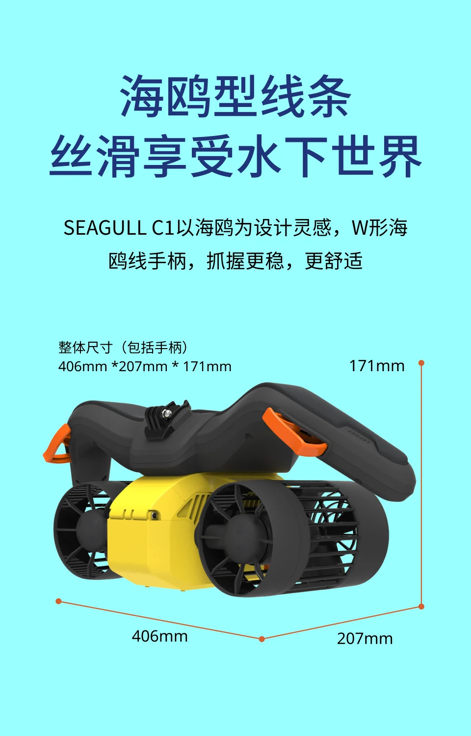 Seagull C1 dimensions: 406 by 207 by 171 millimeters including the handle