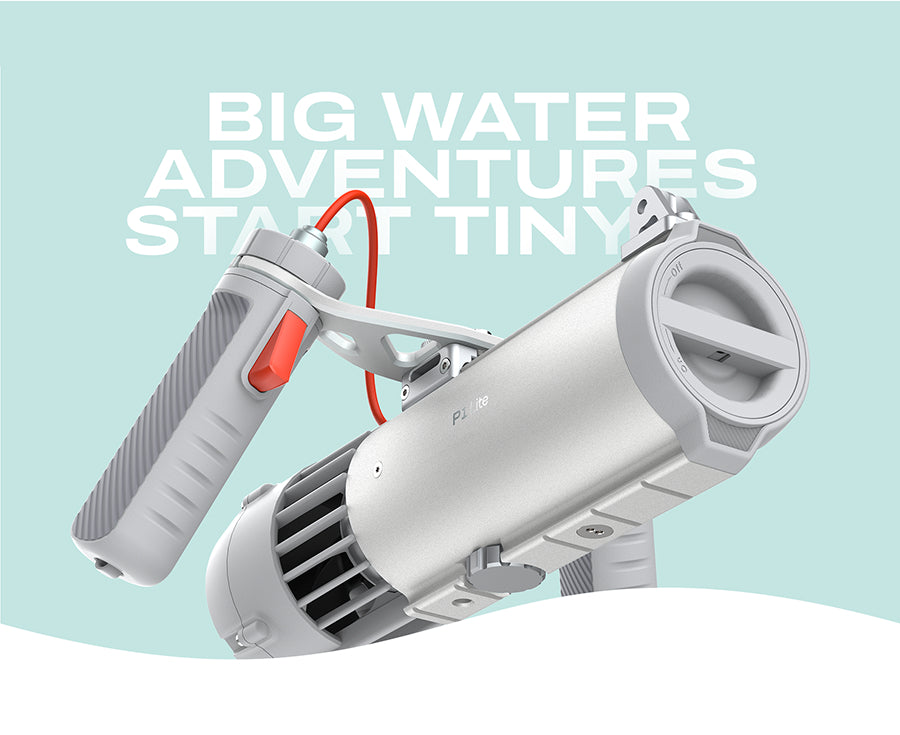 Close-up of the compact silver P1 Lite: Big water adventures start tiny